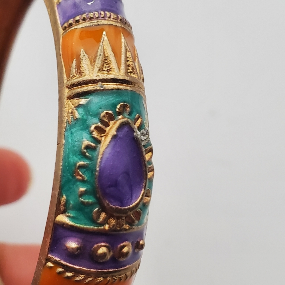 Southwestern Boho Bangle Bracelet Goldtone Colourful Enamel Faux Cabochon Stones